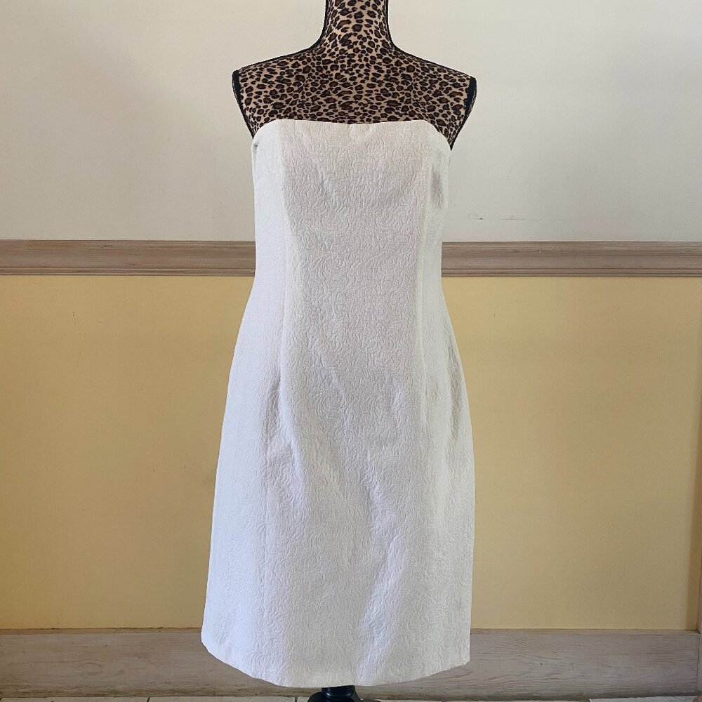 White House Black Market Strapless White Jcqrd Sheath Dress Back Cutout 12 NWT